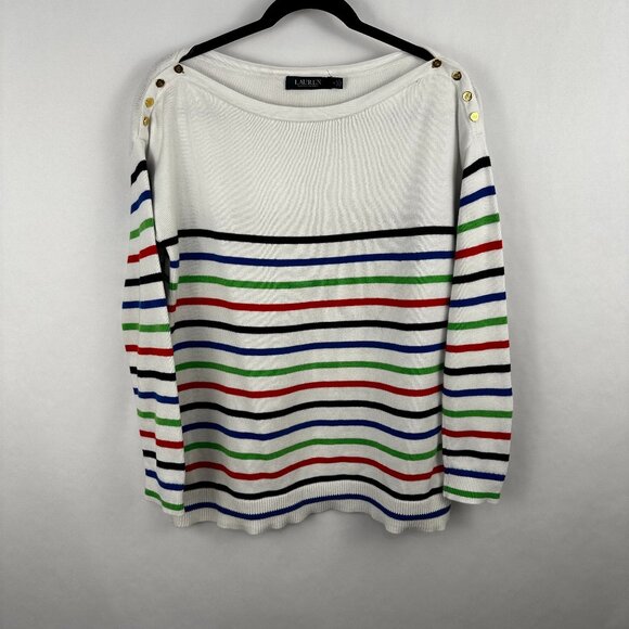 Ralph Lauren Women Sweater White Mulitcolor Rainbow Stripes Gold Buttons Size M - Picture 1 of 7